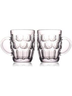 Set of 2 Thick Dimple Stein Beer Mugs - Heavy Clear Glass with Handle